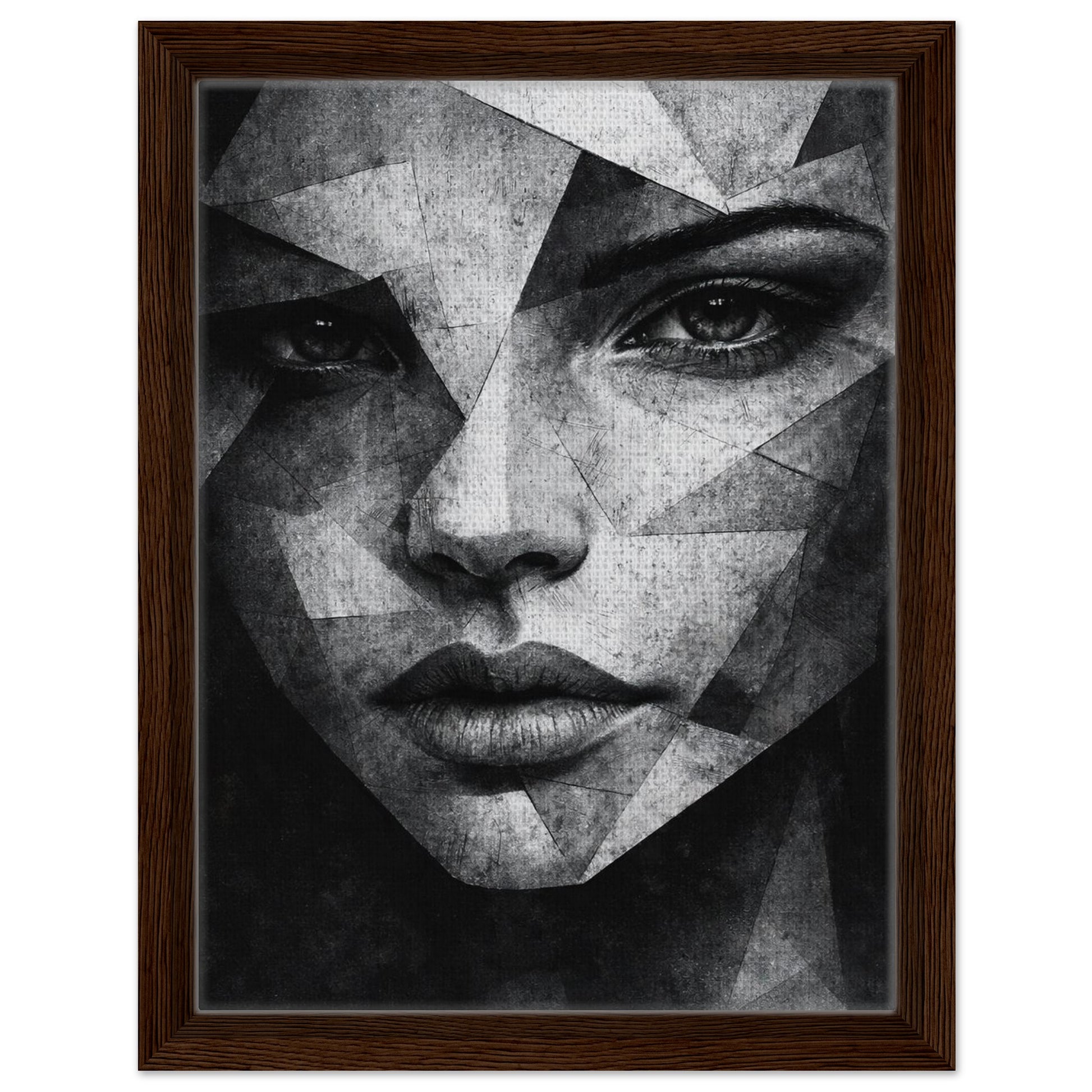 Cubist inspired woman portrait in monochrome tones with natural wood frame