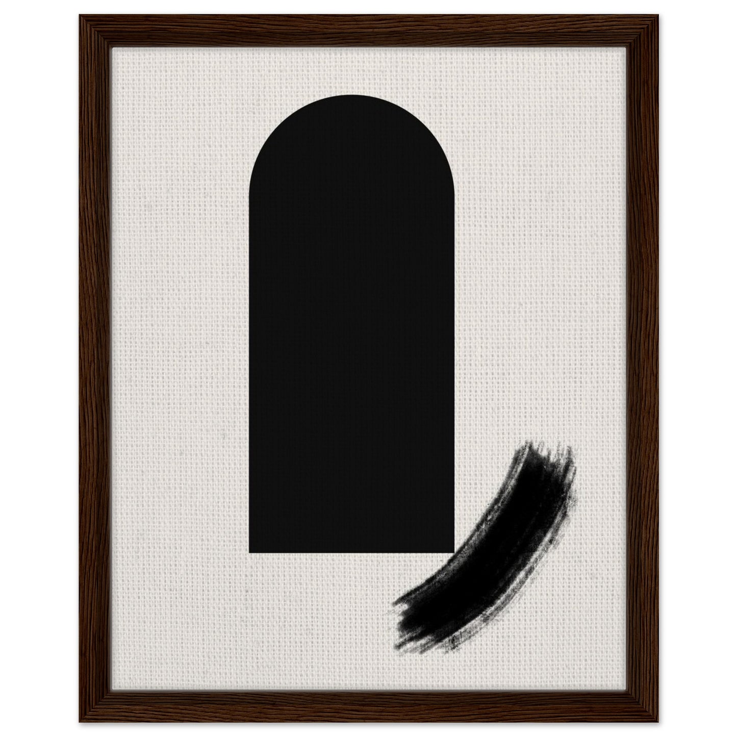 Curved geometric black artwork with expressive ink stroke in a black frame