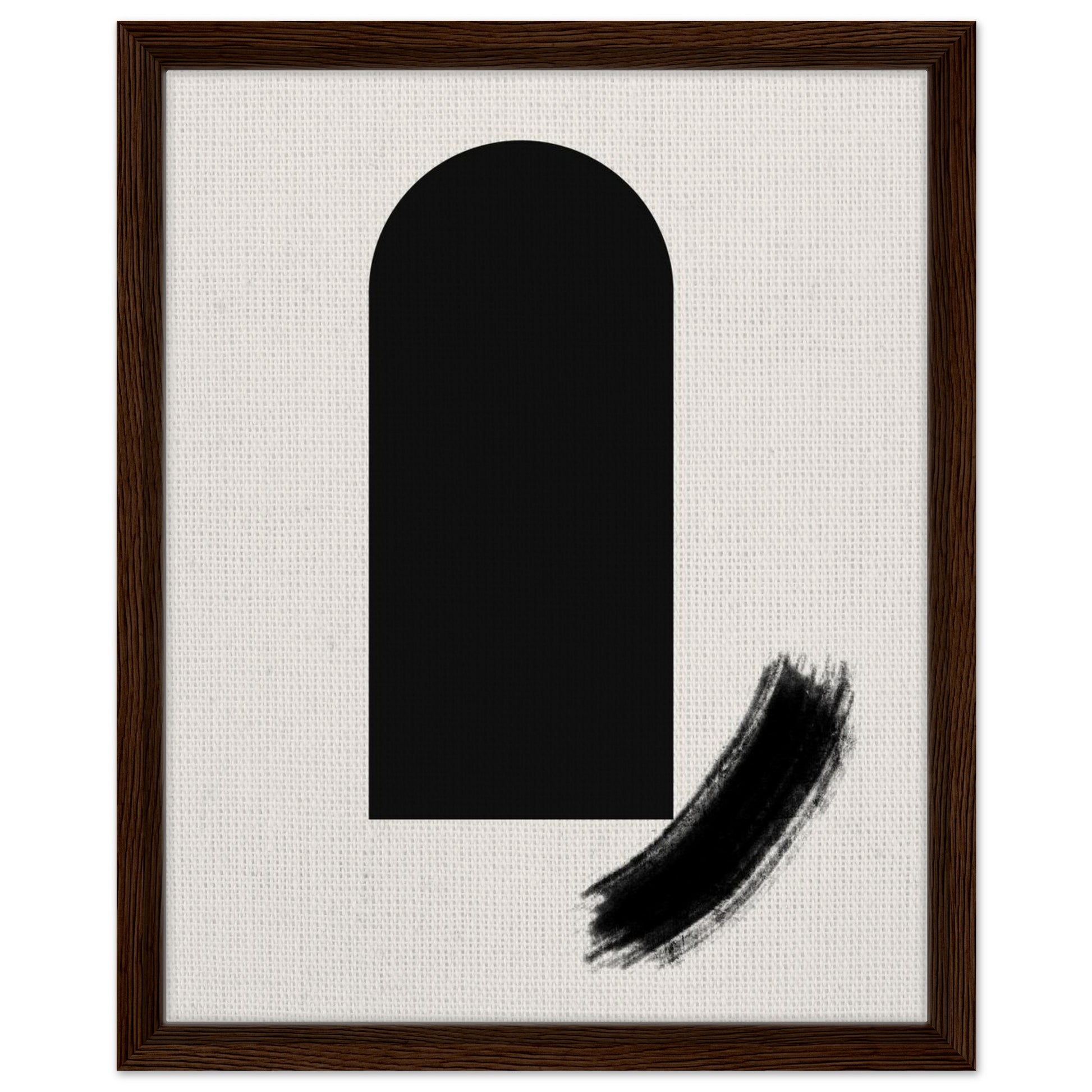 Curved geometric black artwork with expressive ink stroke in a black frame