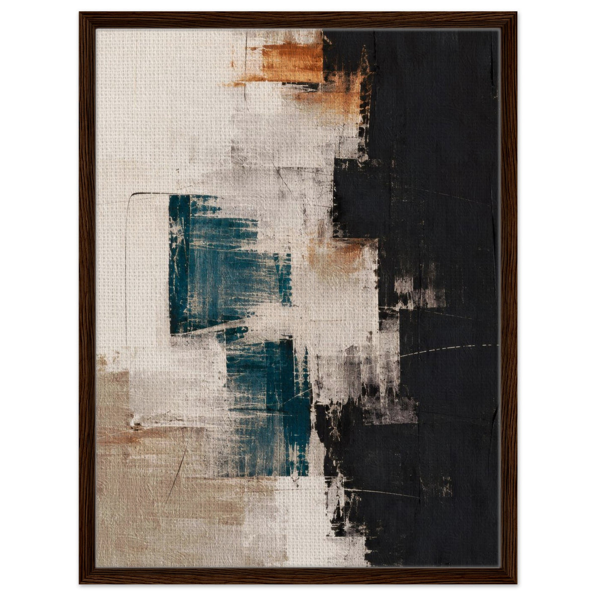 Abstract canvas in a dark brown frame with teal blocks, cream and beige textures and a contrasting black section.