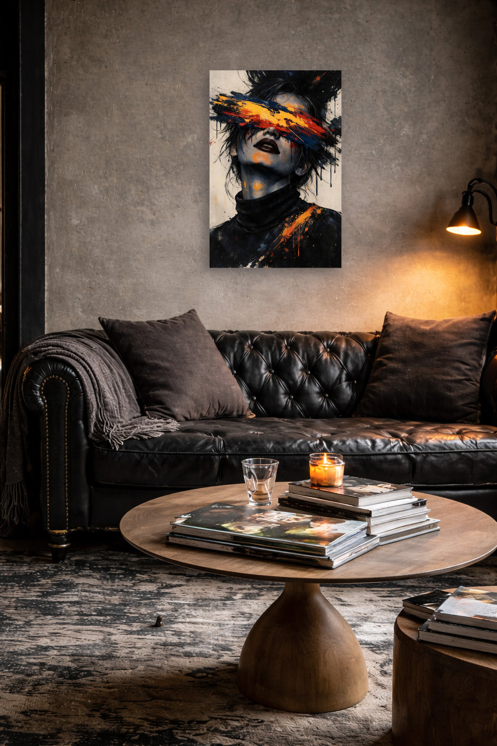 Modern industrial lounge with black leather sofa and abstract portrait poster in orange and black tones.