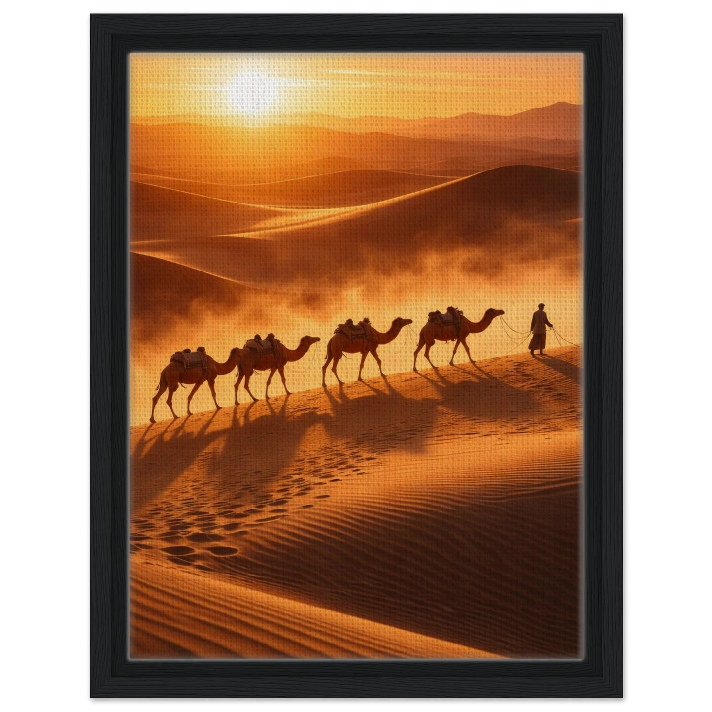 Camel caravan sunset canvas wall art presented in a modern black frame