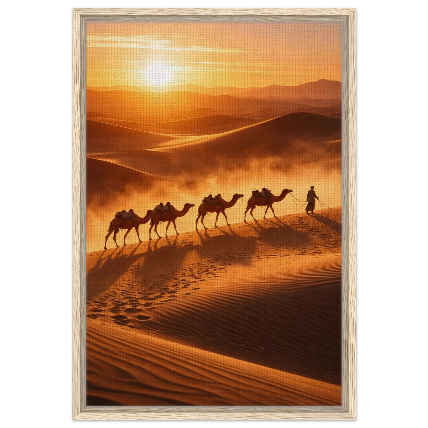 Camel caravan crossing golden sand dunes canvas art in a blonde wood frame