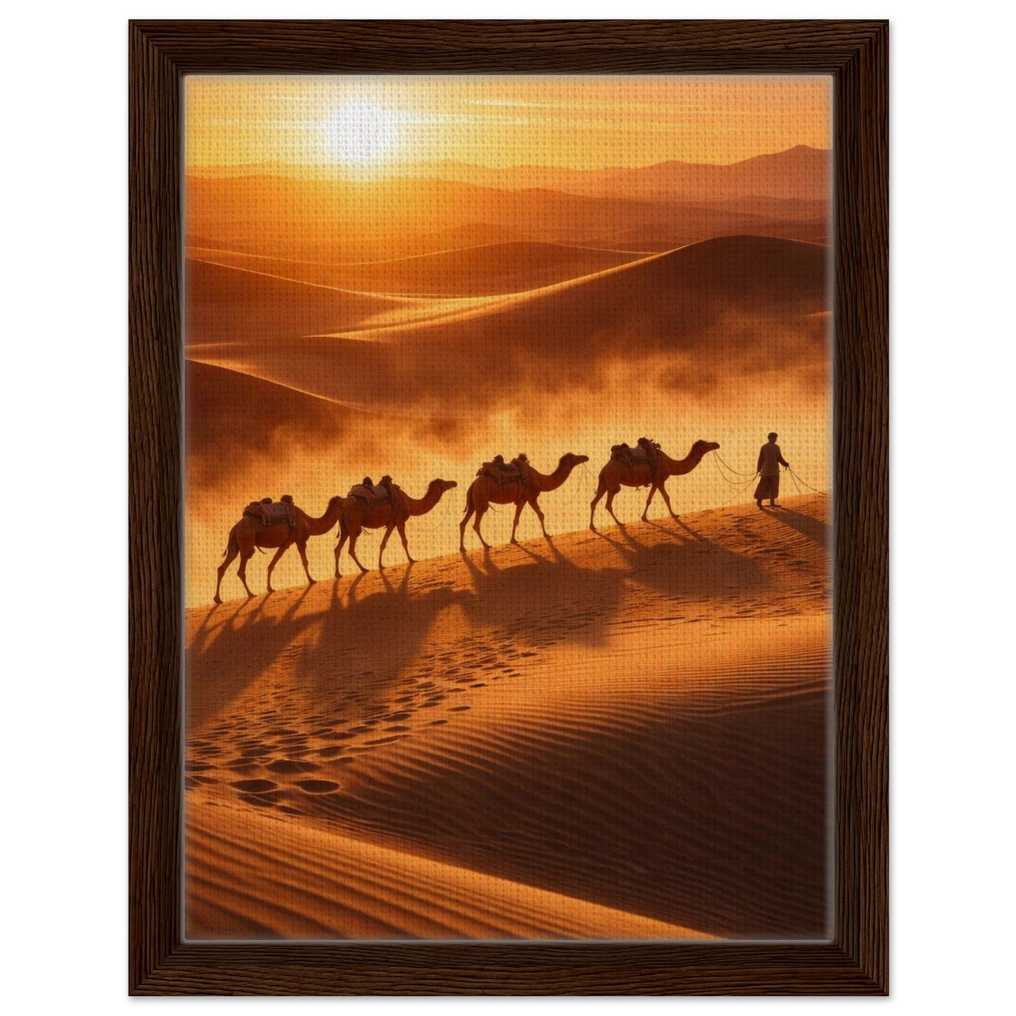 Golden camel caravan canvas artwork surrounded by a dark walnut wood frame