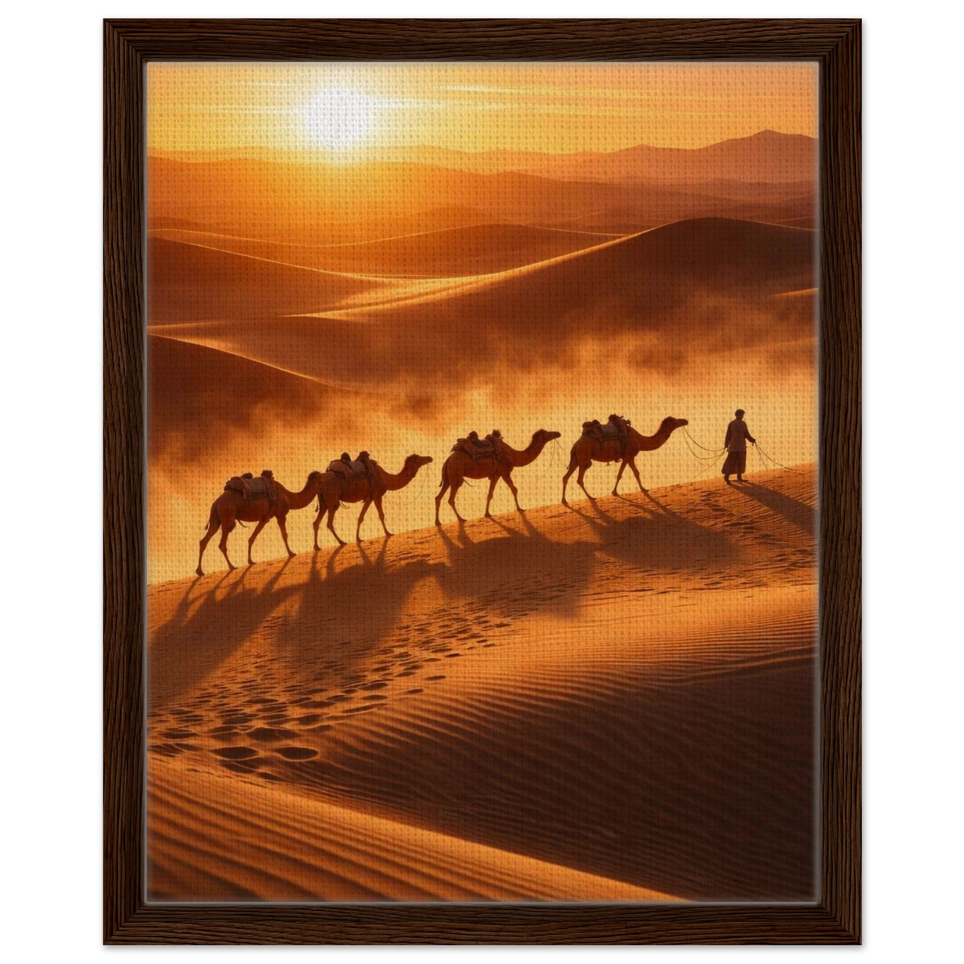 Golden desert sunset canvas artwork finished with a deep brown wood frame