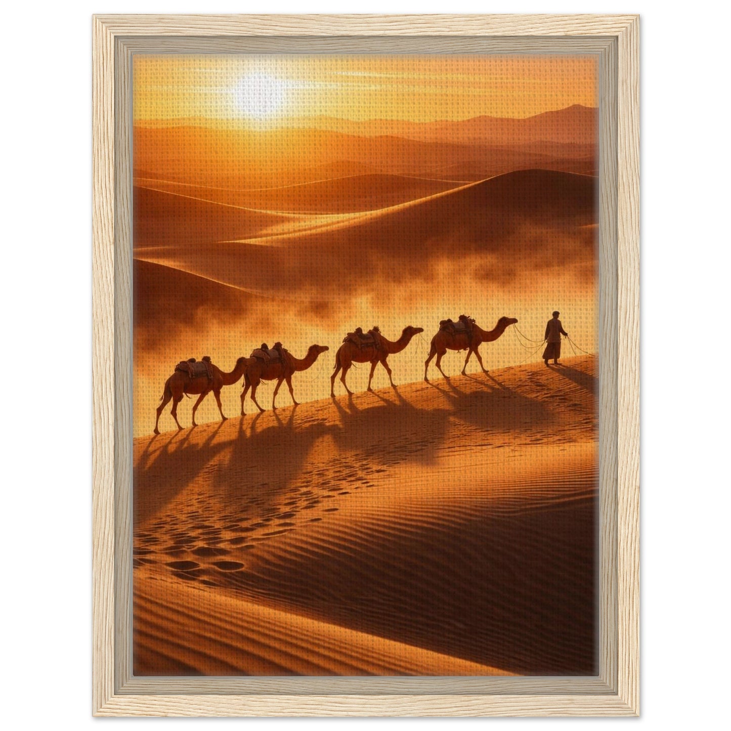 Golden desert camel caravan canvas print finished with a light natural wood frame