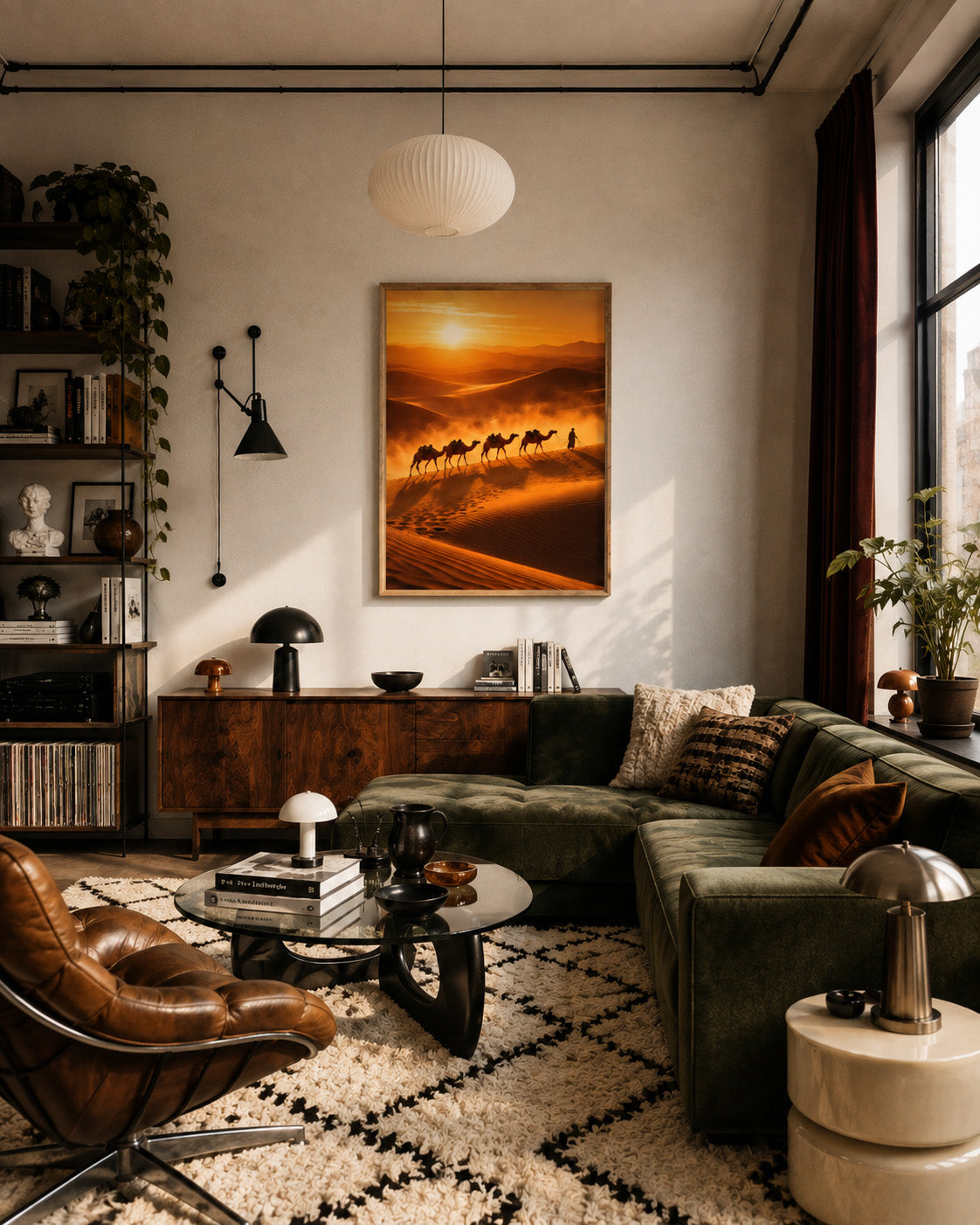 Golden desert landscape framed canvas displayed in a stylish mid-century living room