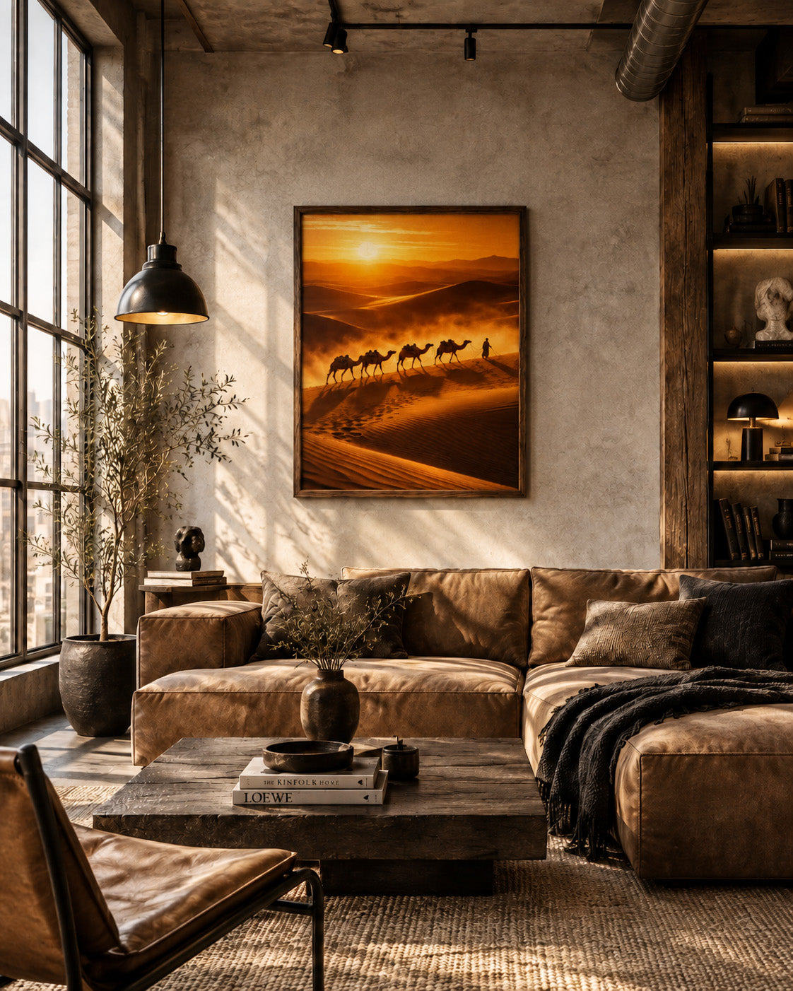 Desert camel caravan framed canvas displayed in a warm industrial loft living room