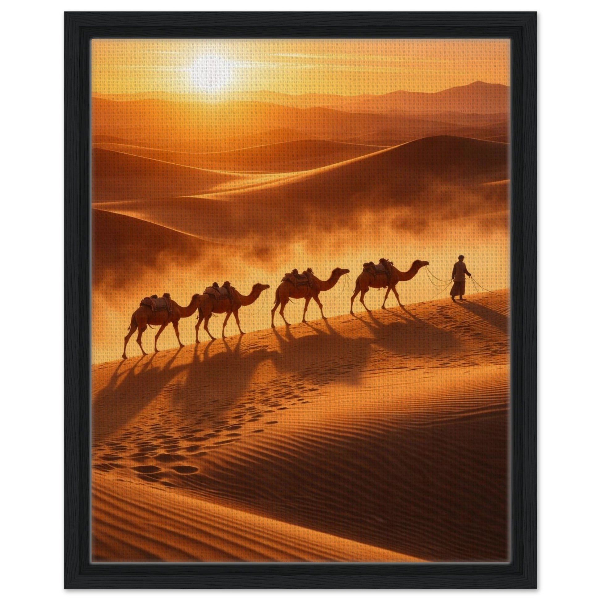 Sunset desert caravan canvas wall decor finished with a matte black frame