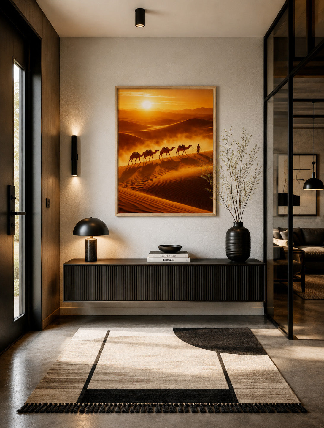 Golden desert camel caravan canvas displayed in a modern minimalist entryway