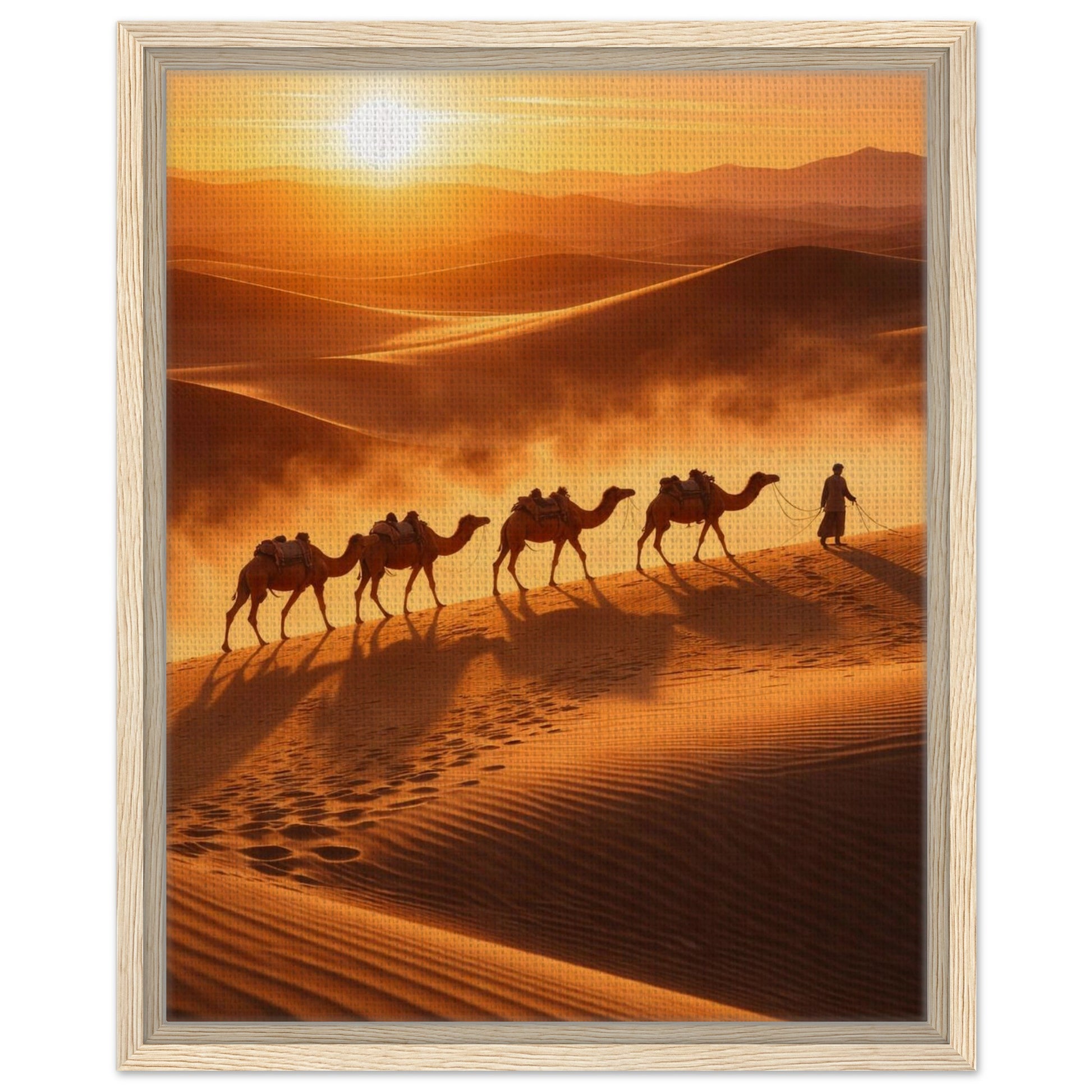 Desert dunes and camel caravan artwork presented in a natural oak frame