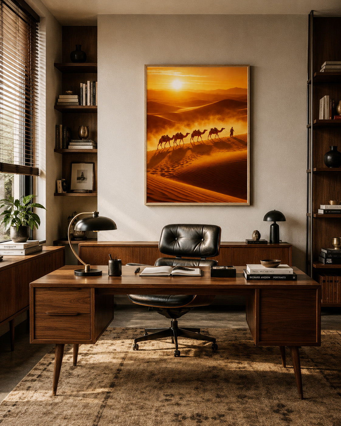 Desert sunset camel caravan framed canvas displayed above a modern office desk