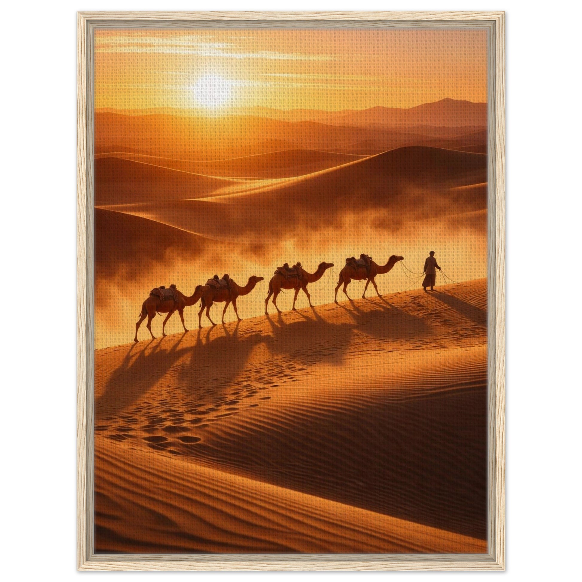 Desert camel caravan at sunset framed canvas wall art with golden sand dunes