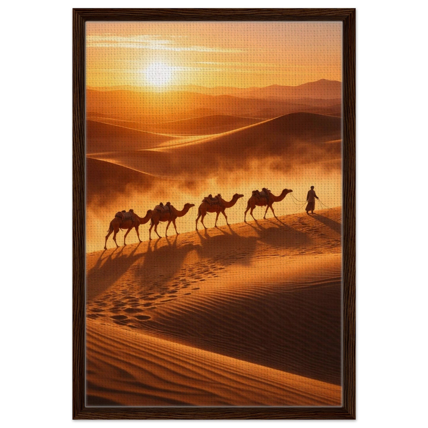 Warm desert landscape canvas wall art presented in a walnut wood frame