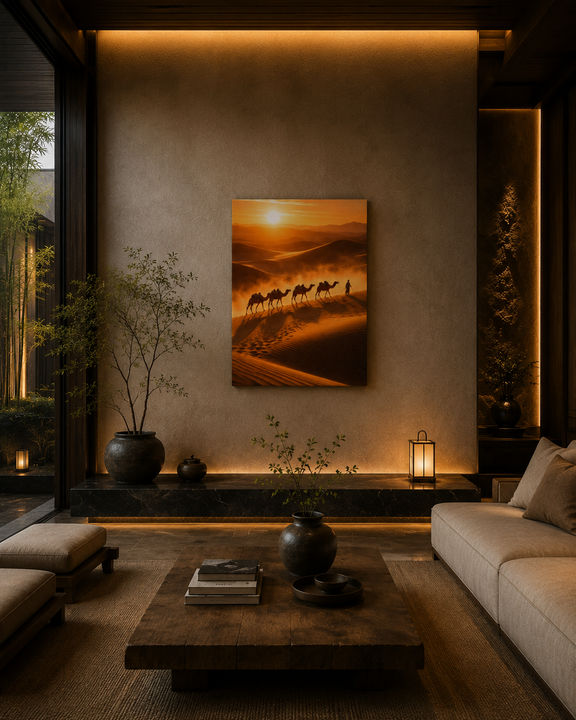 Desert camel caravan canvas wall art displayed in a luxury Japandi living room with warm ambient lighting and natural wood interiors.