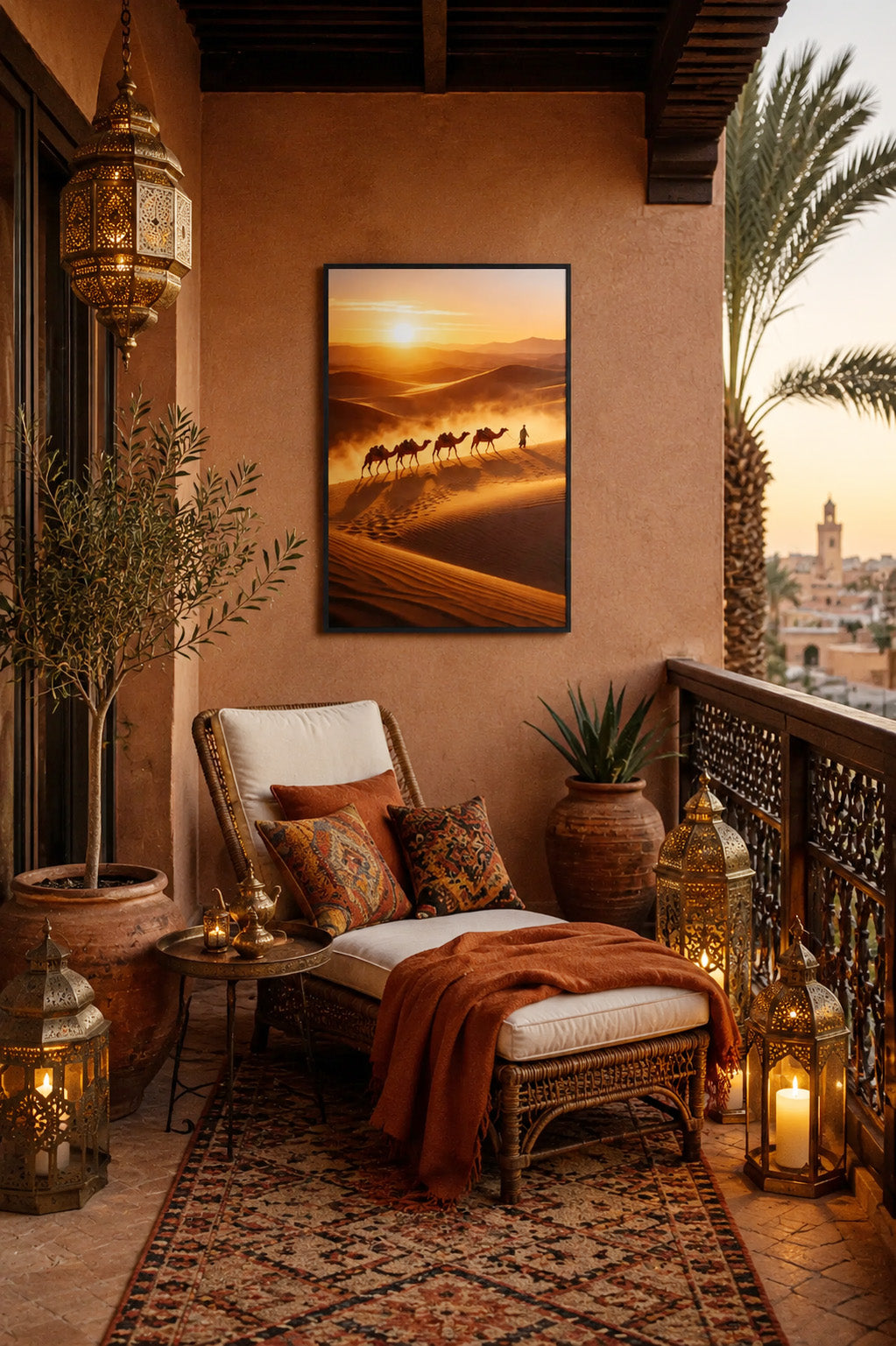 Desert caravan wall art poster with black frame in Moroccan balcony lounge with lanterns and warm terracotta decor.