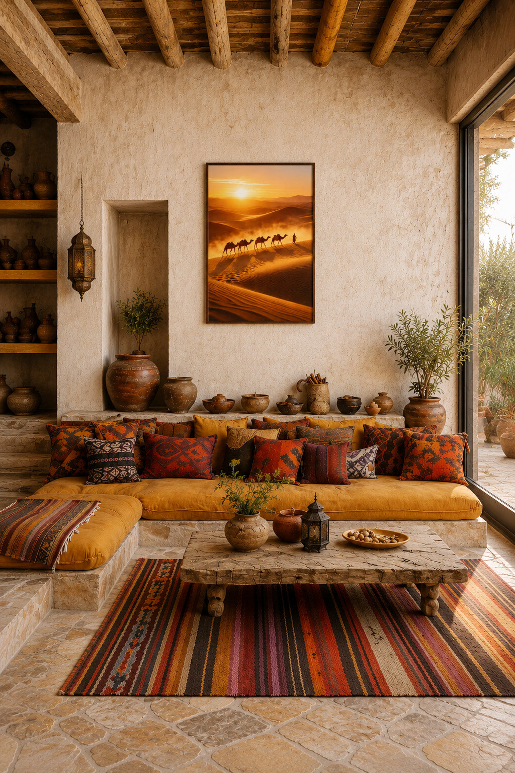 Desert sunset camel caravan framed poster in rustic Moroccan living room with colorful cushions and textured decor.