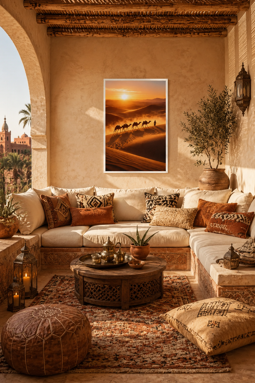 Desert landscape wall art with camel caravan above traditional Moroccan seating area with patterned rugs and clay accents.