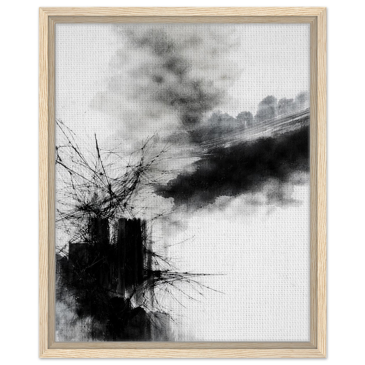 Dramatic abstract ink artwork with layered black and grey textures in a dark frame