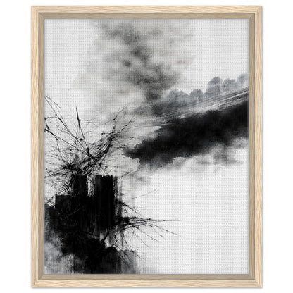 Dramatic abstract ink artwork with layered black and grey textures in a dark frame