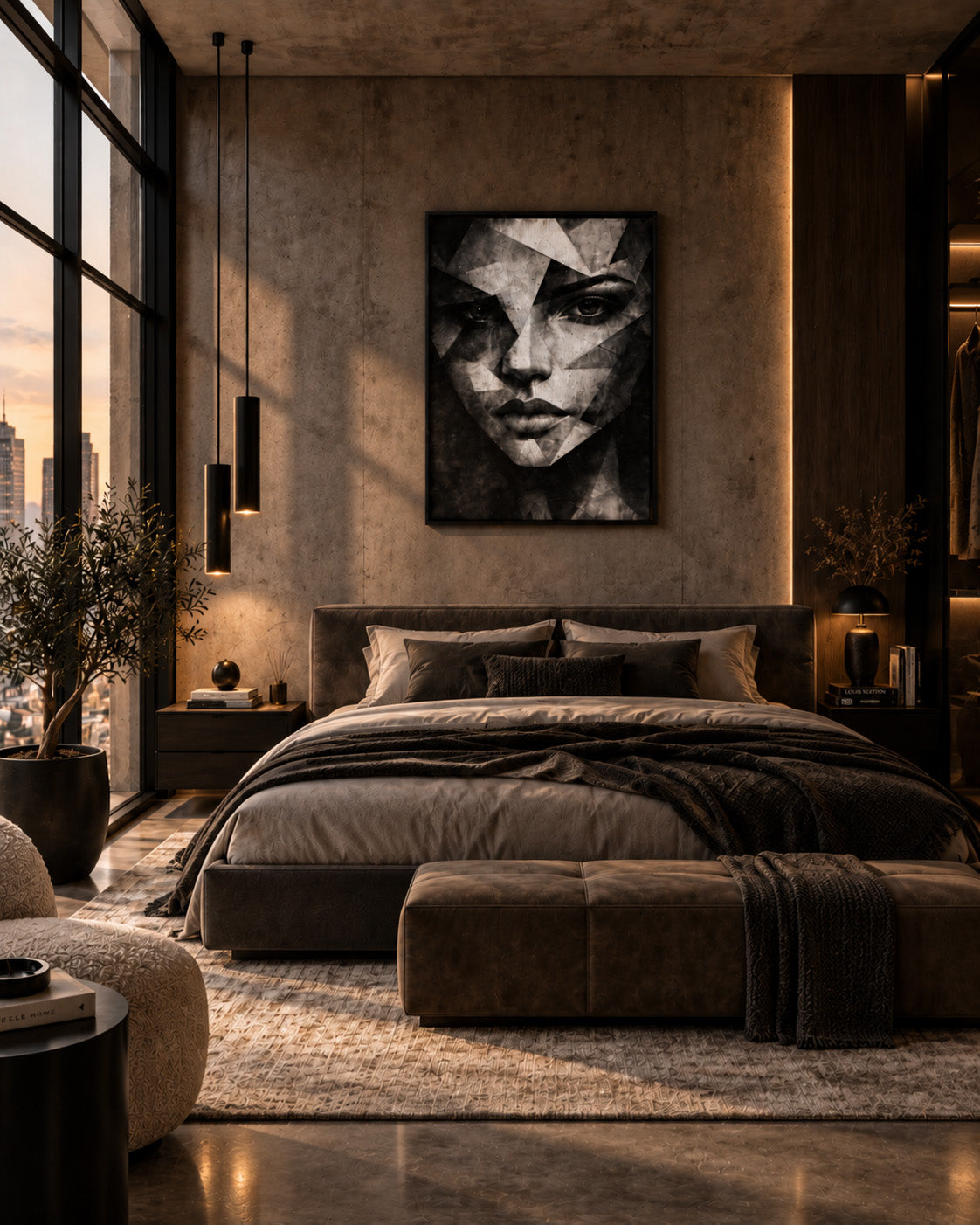 Dramatic female portrait artwork above bed in a dark contemporary bedroom