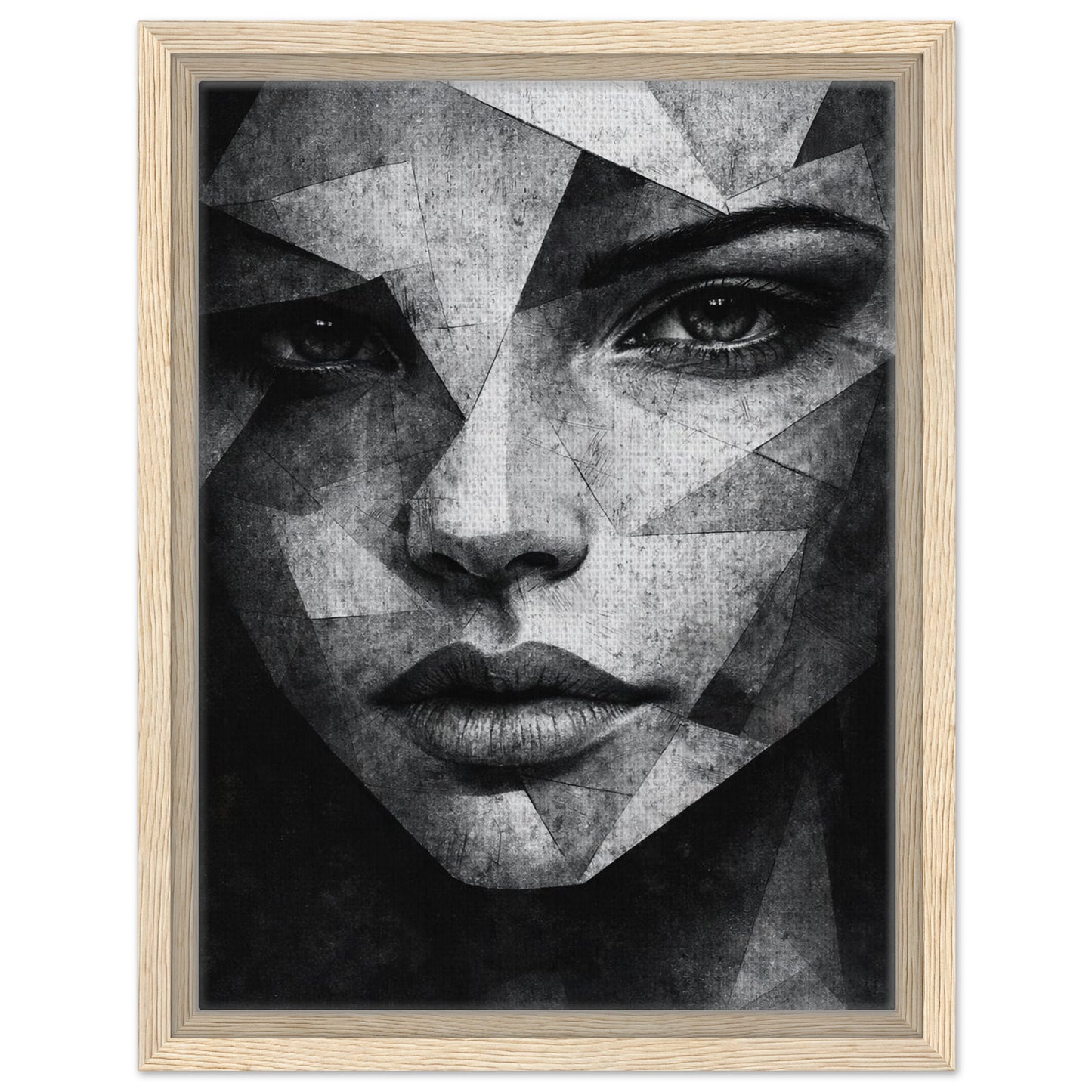 Dramatic monochrome female face artwork with fragmented geometric details