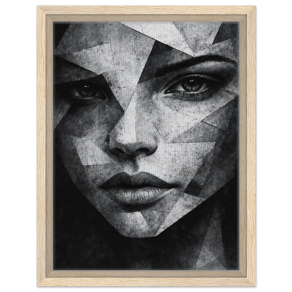 Dramatic monochrome female face artwork with fragmented geometric details