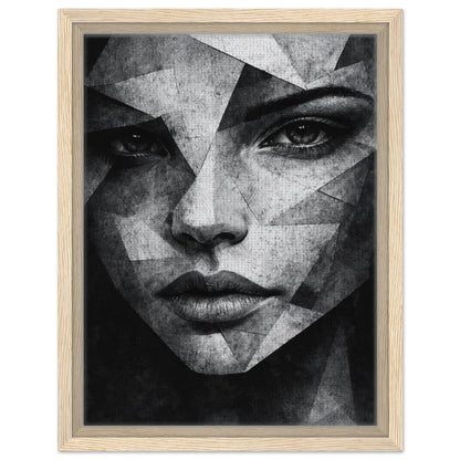 Dramatic monochrome female face artwork with fragmented geometric details
