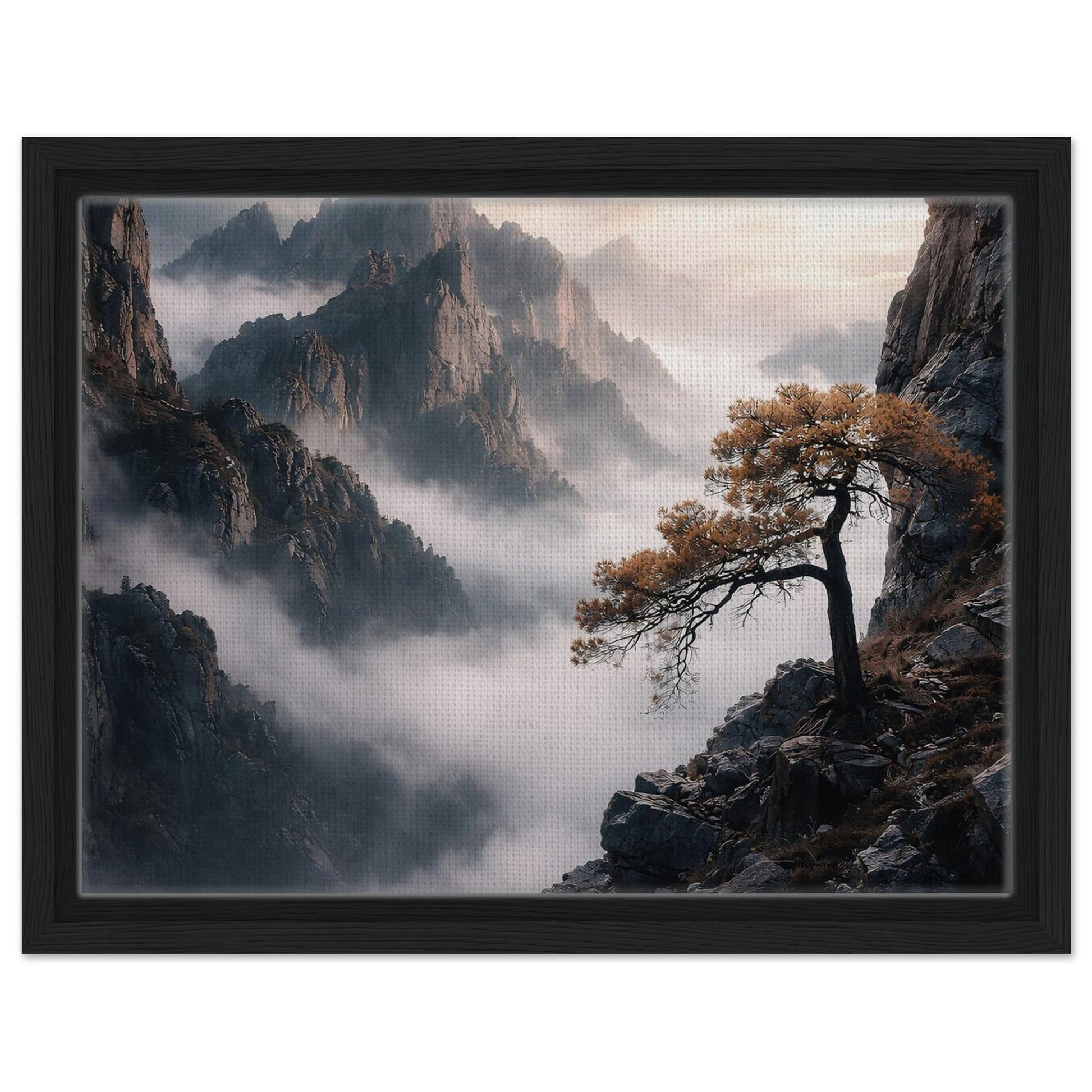 Dramatic misty mountain and pine tree landscape in a black frame