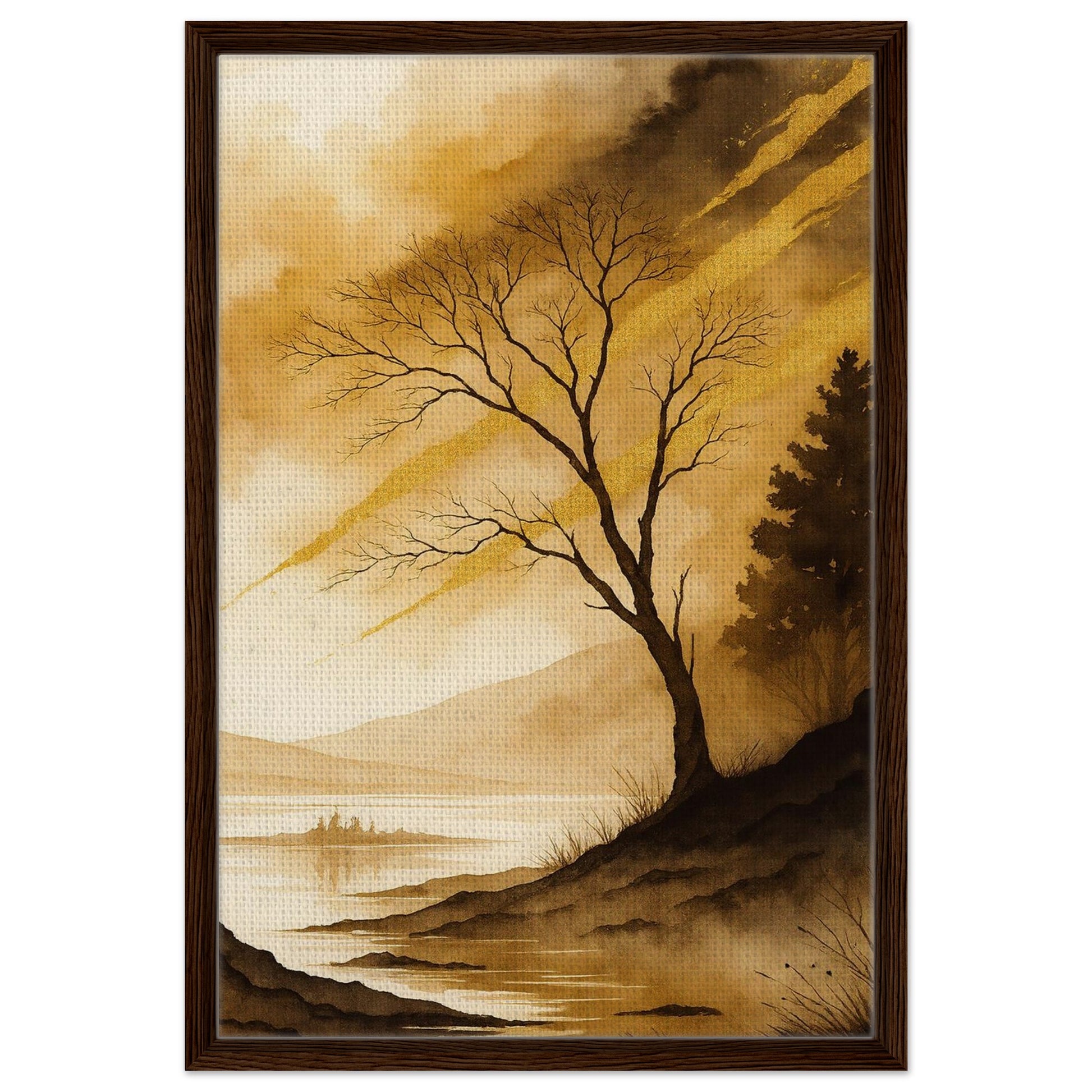 Dramatic tree landscape with golden sky and distant mountain layers in black frame