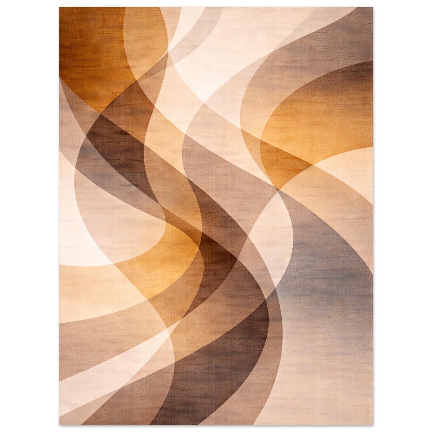Close view of the print showing overlapping curves in amber and soft brown