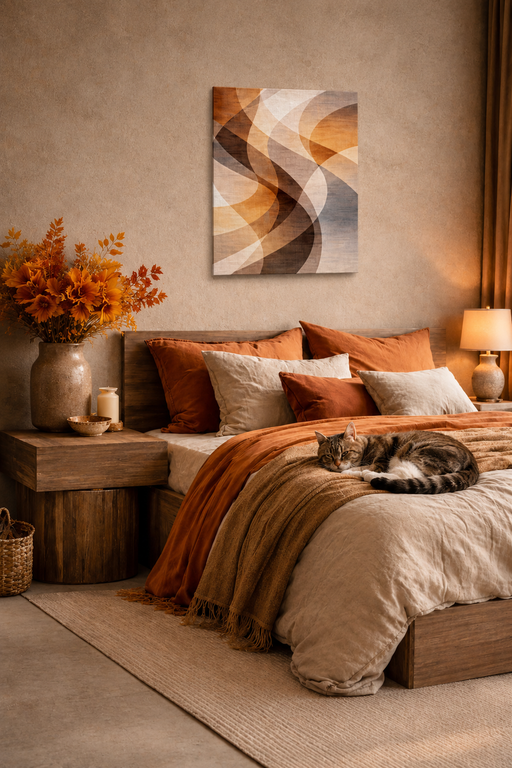 Warm abstract canvas wall art in cozy bedroom interior with earthy decor and neutral bedding