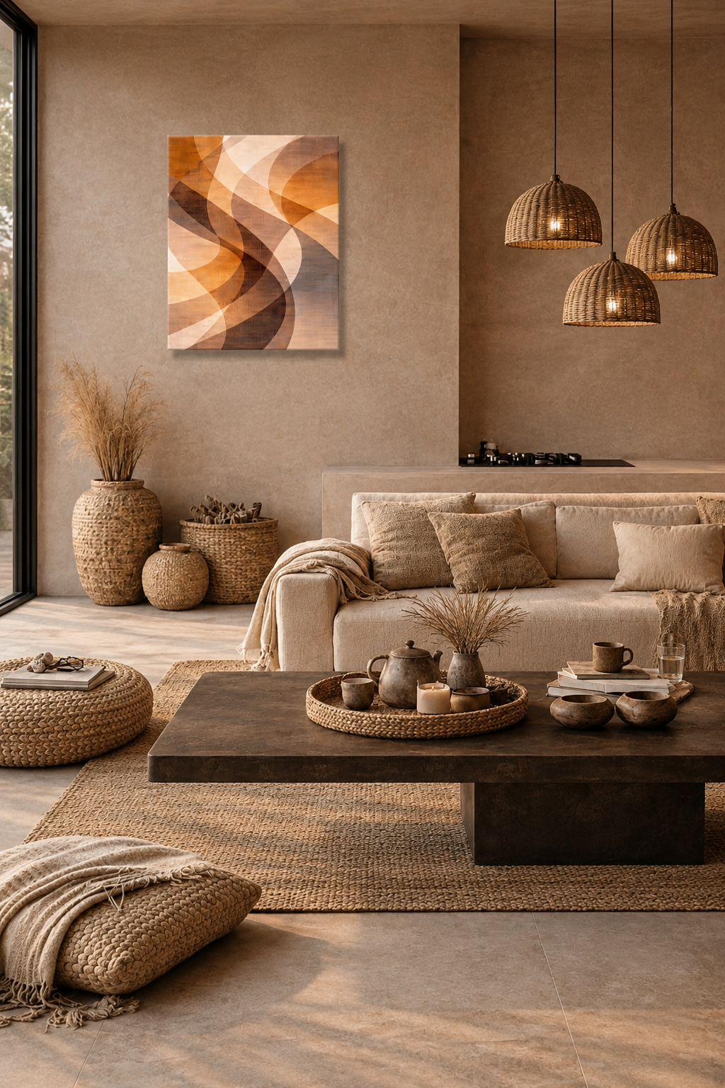 Neutral living room with woven pendant lights and abstract canvas wall art above a sofa
