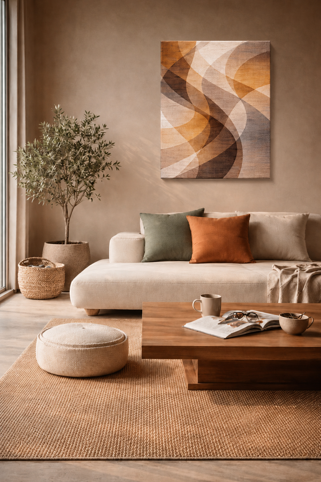 Abstract neutral wall art canvas print in warm minimalist living room above beige sofa with modern decor
