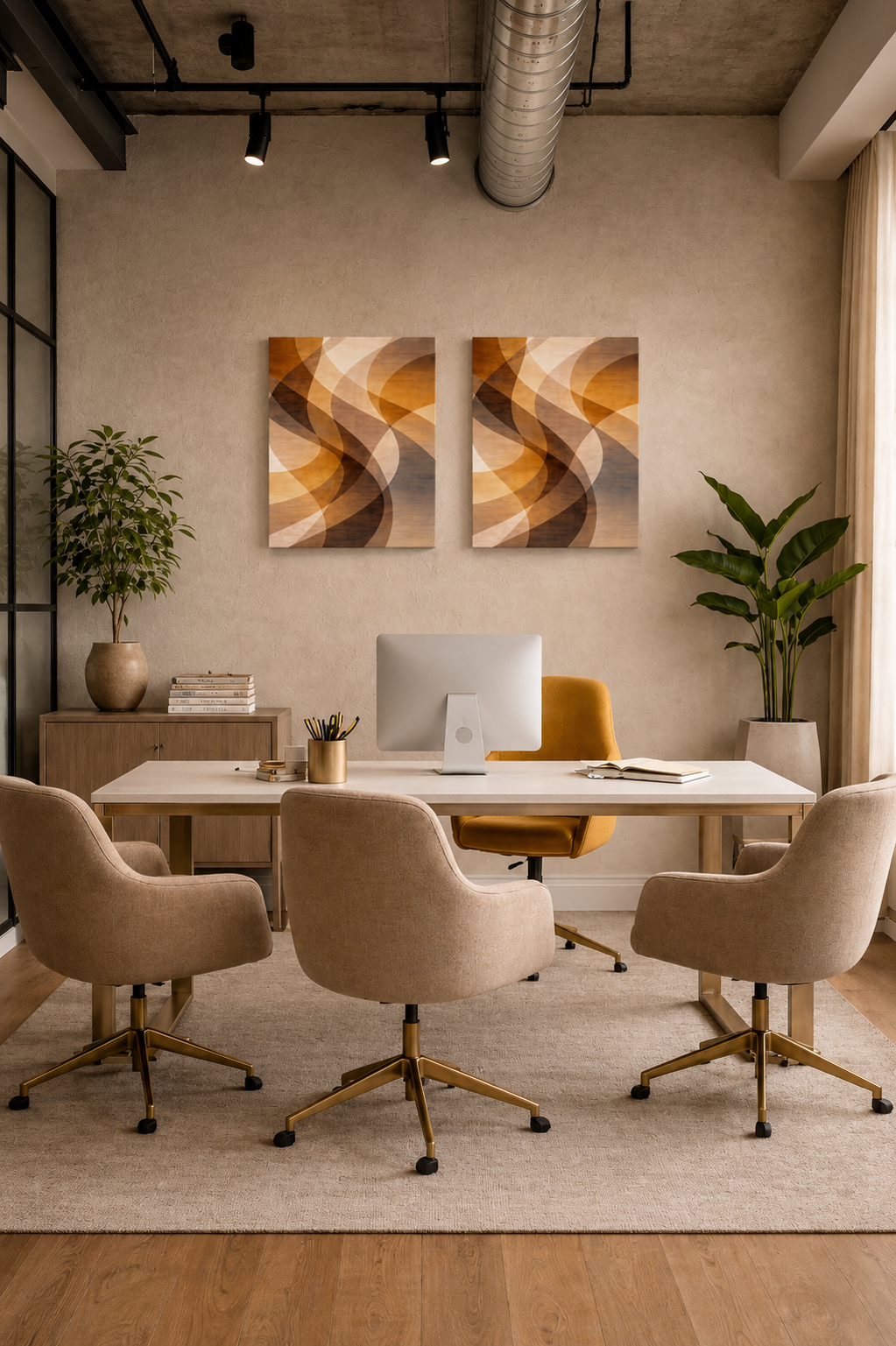 Modern home office with abstract canvas wall art above a desk in warm neutral tones