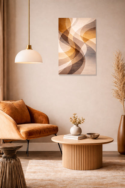 Neutral living room with tan armchair, round coffee table and abstract wall art poster