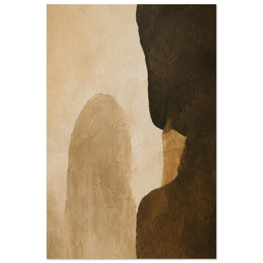 Earth tone abstract poster featuring textured beige and dark brown organic shapes in minimalist style.