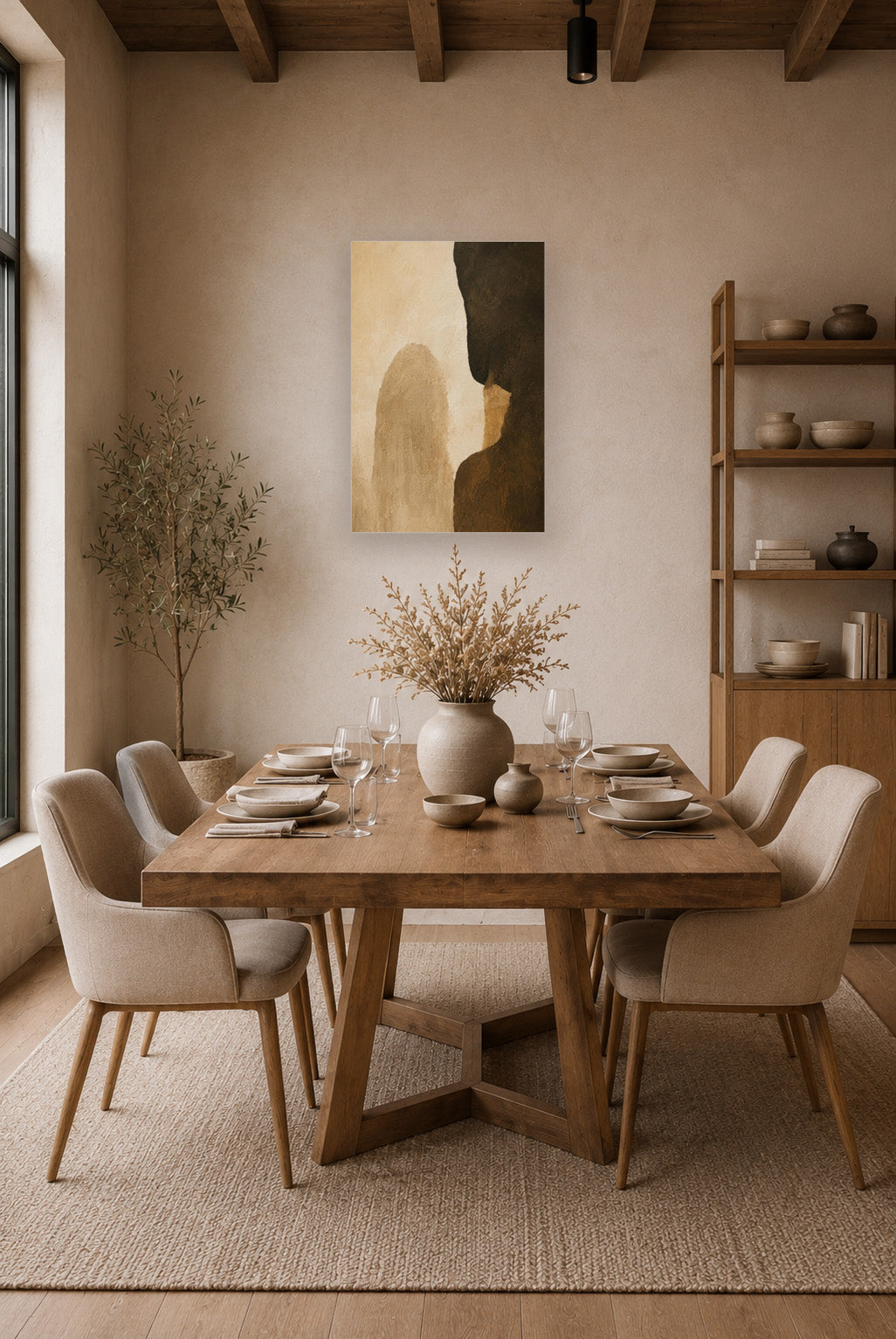 Cozy beige dining room interior featuring earth tone abstract poster wall art above wooden table.