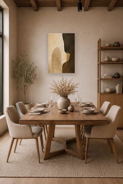 Cozy beige dining room interior featuring earth tone abstract poster wall art above wooden table.