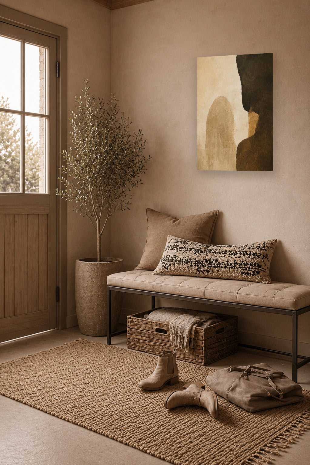 Warm minimalist entryway interior featuring earth tone abstract poster and beige decor accents.