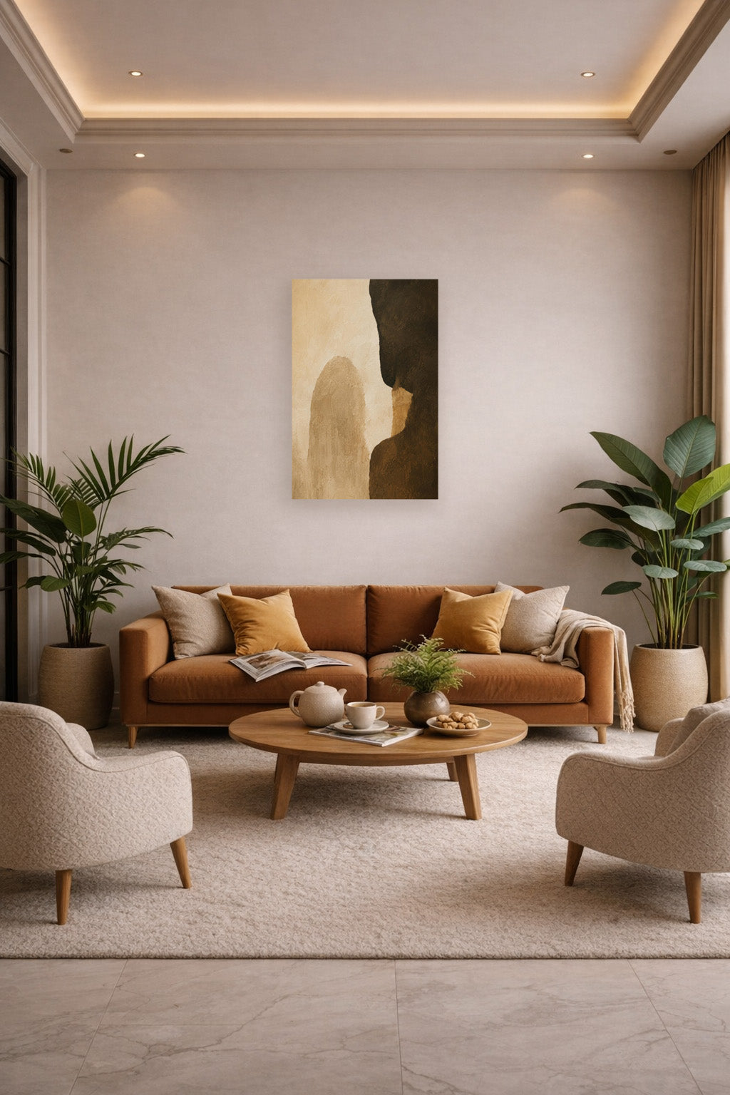 Modern neutral living room with warm abstract poster artwork and earthy interior styling.