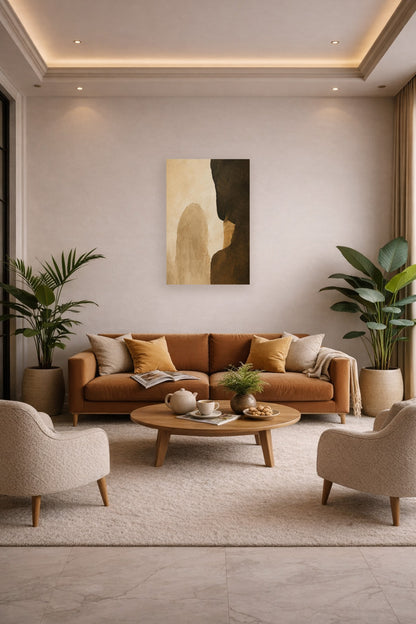Modern neutral living room with warm abstract poster artwork and earthy interior styling.