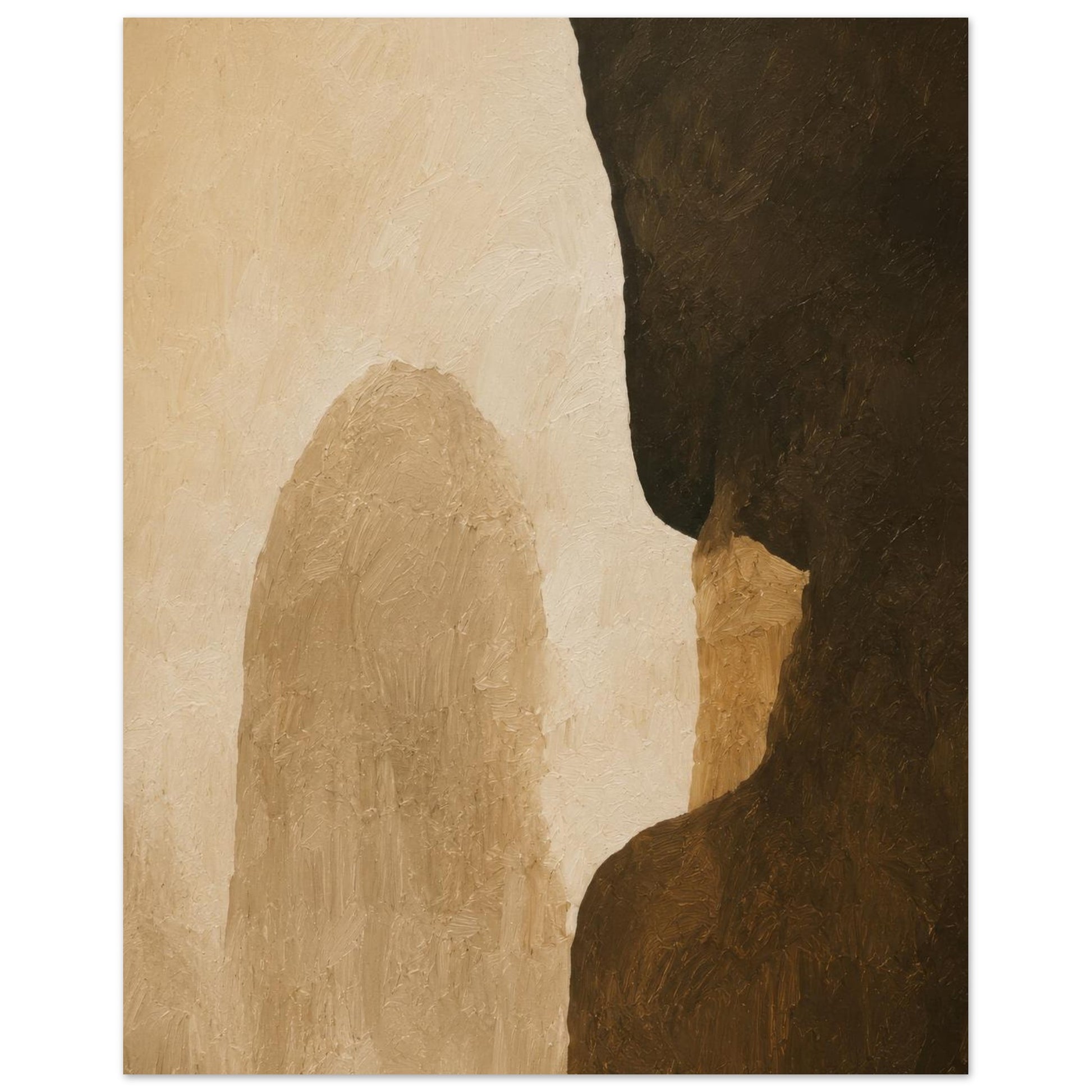 Warm neutral abstract poster print with beige textures and bold dark brown artistic forms.