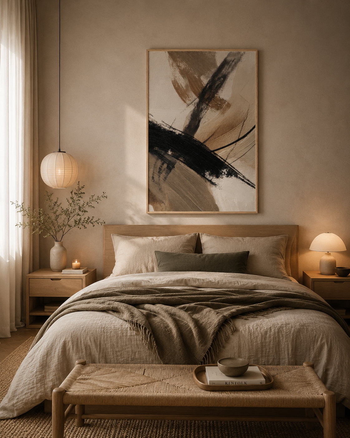 Earth Flow framed wall art above a wooden bed in a Scandinavian bedroom