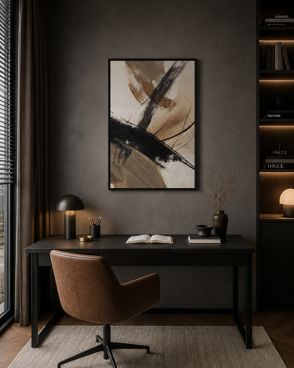 Earth Flow framed wall art in a modern home office with dark wood furniture
