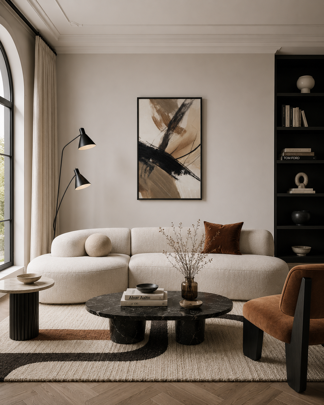 Earth Flow framed wall art in a minimalist living room with warm neutral furniture