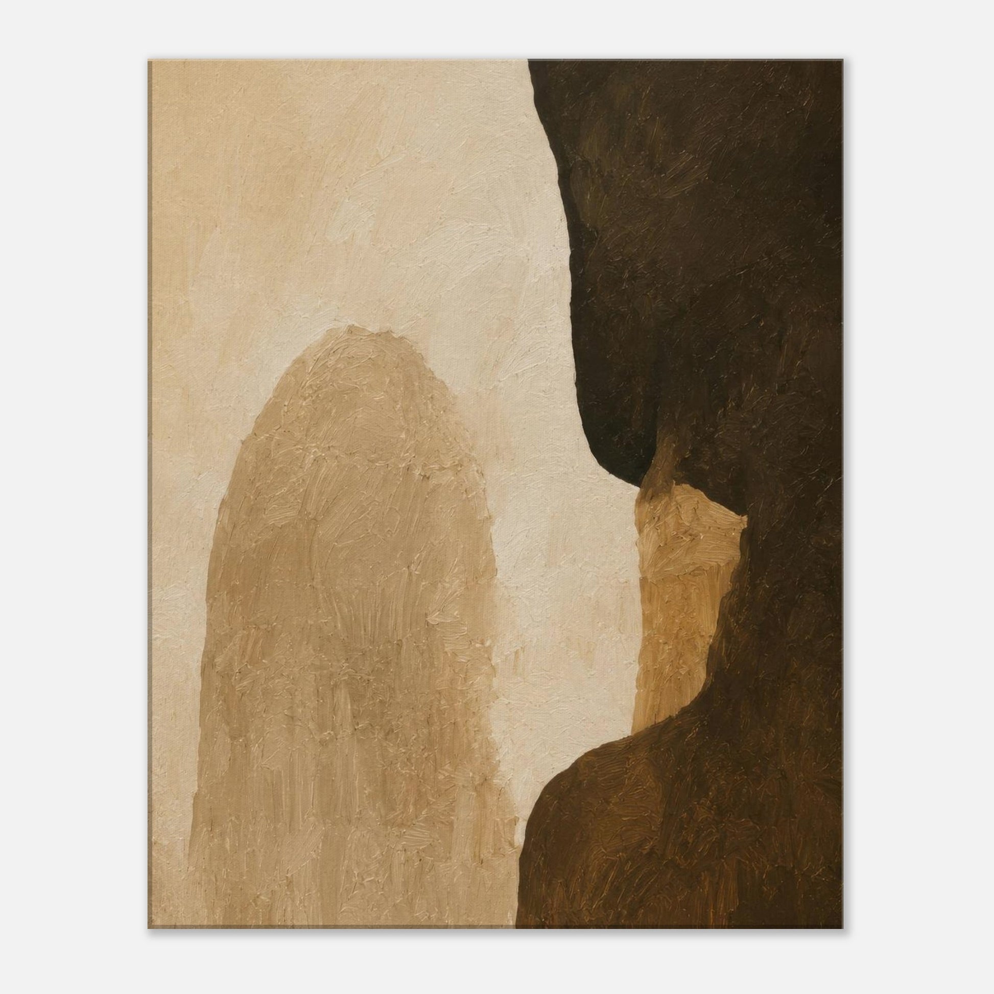 Earth tone abstract canvas wall art featuring textured beige and dark brown organic shapes in minimalist style.