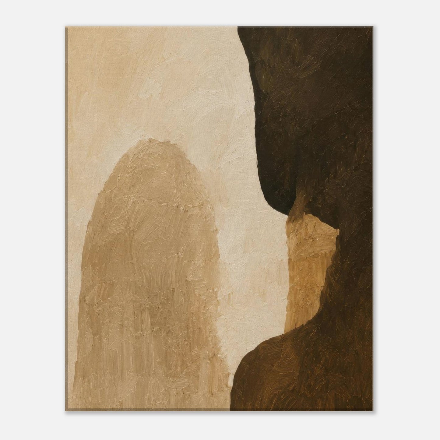 Close-up of textured neutral abstract canvas artwork with warm beige and deep brown tones.