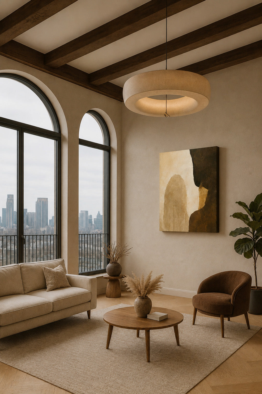Luxury living room with arched windows featuring warm neutral abstract canvas wall art.