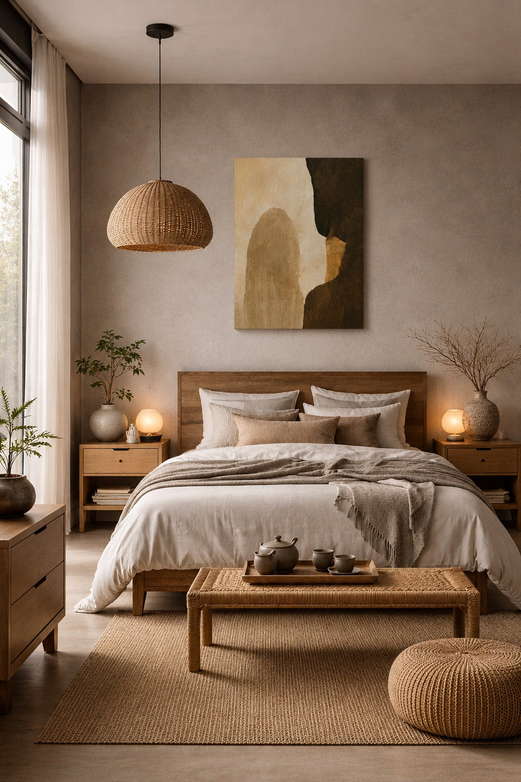 Warm neutral bedroom interior with abstract earth tone canvas artwork above wooden bed.